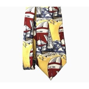 VTG Lands End Silk Neck Tie Yellow Red Blue Sailboat Nautical East Coast Preppy